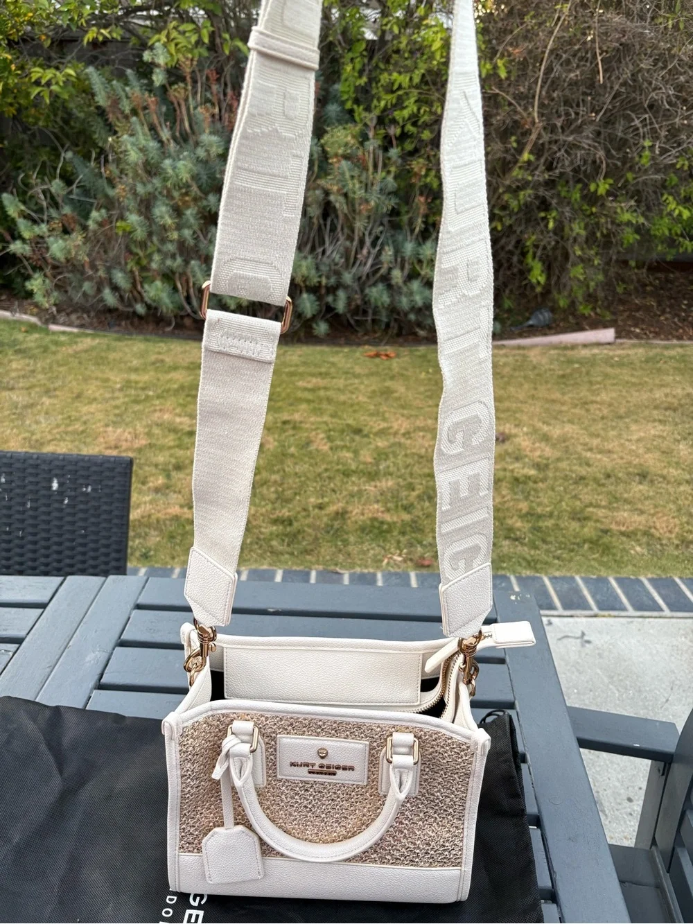 Kurt Geiger Cream and Gold Raffia Satchel
